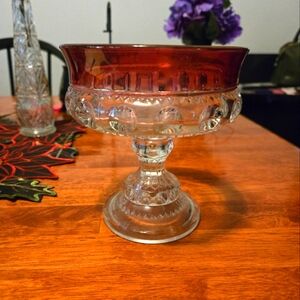 Vintage Indiana Glass kings Crown thumbprint Compote with Ruby Red Trim